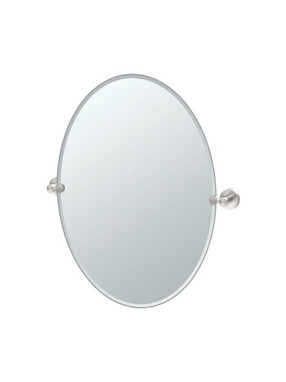 Glam Frameless Oval Bathroom Mirror - 19 1/2 inch x 26 1/2 inch in Satin Nickel.